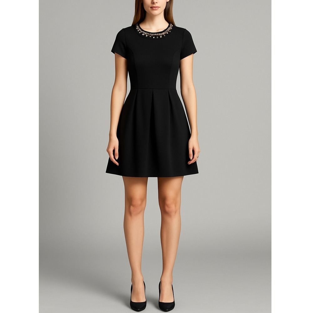 One Clothing Black‎ Fit & Flare Dress Small Beaded Neckline Short Sleeve